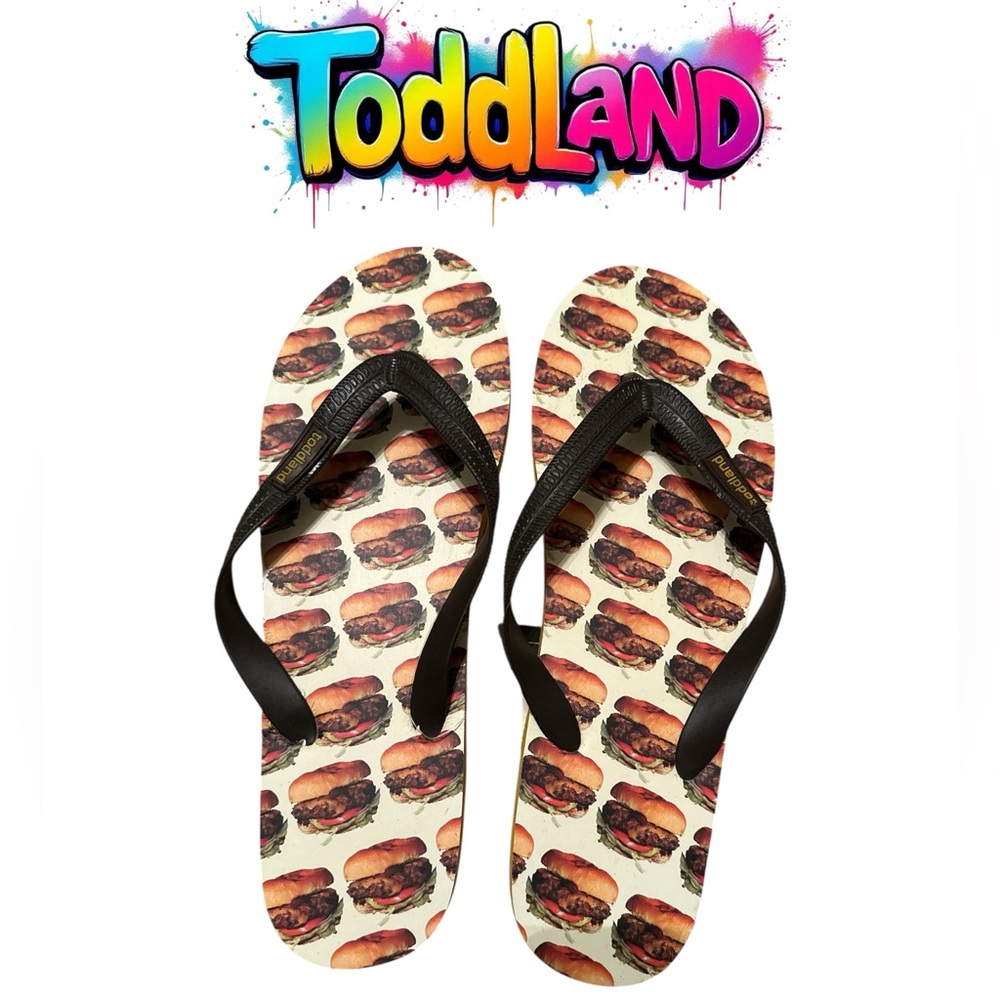 Burger Print Flip Flops - Brown/yellow
